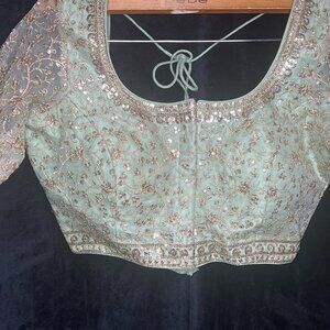 Indian Mint Green & Gold Embroidered Blouse Top Size S / 8